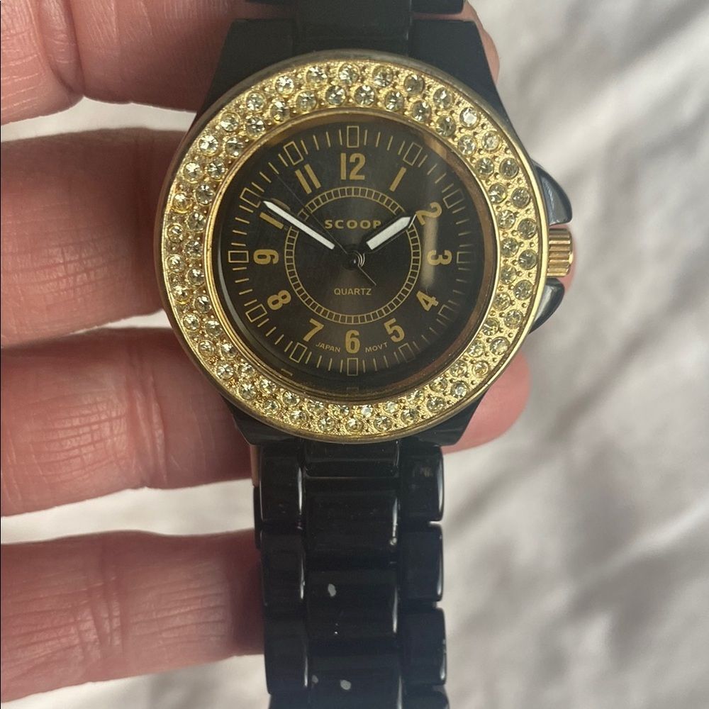 Scoop Black and Gold UNISEX Watch with Gold Crystal Bezel